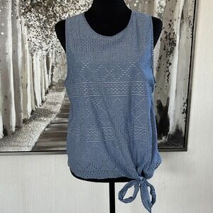 Waverly Grey Womens 100% Cotton Sleeveless Side Tie Embroidered Blue Top -Large